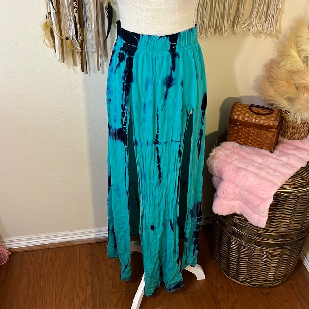 Turquoise Tie Dyed Maxi Skirt With Double Front Slits & Elastic waist by Windsor